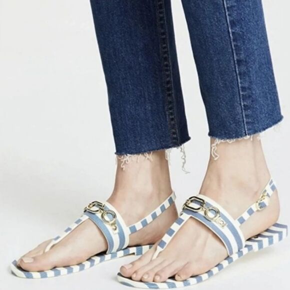 KATE SPADE Polly Jelly Preppy Beach Blue White Cream Striped Sandals Size 6 Shoe - Picture 1 of 8